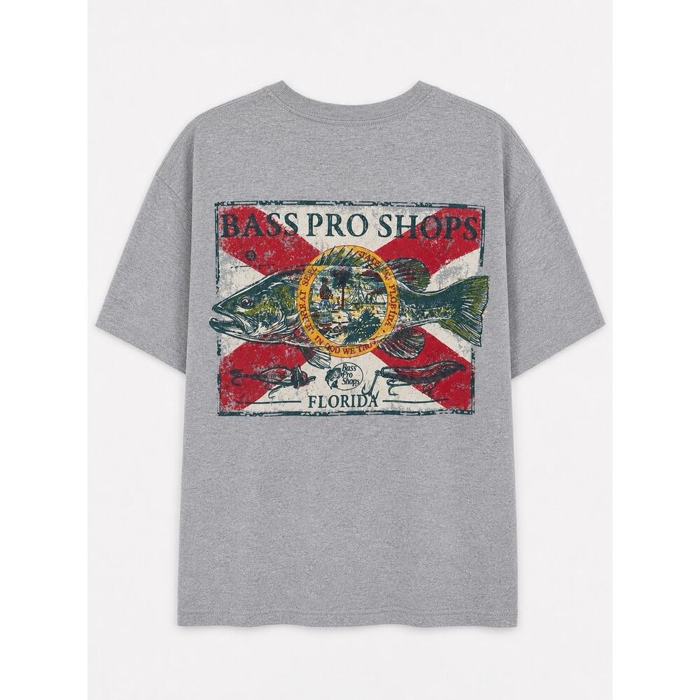 Bass Pro Shops Men's 2XL Gray T-Shirt American Tradition Bass Fishing